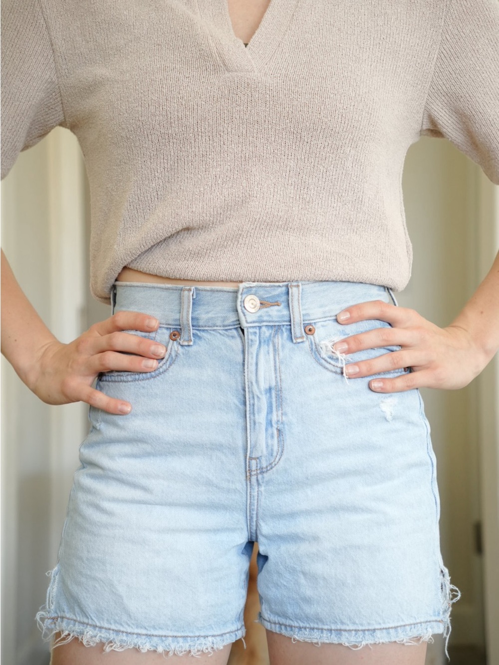 AEO 000 Light Blue High-Rise Denim Shorts